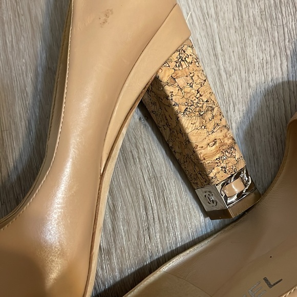 CHANEL BEIGE LEATHER PEEP TOE PLATFORM CORK CHAIN HEEL"CC" PUMPS HEELS 37 - Picture 8 of 8